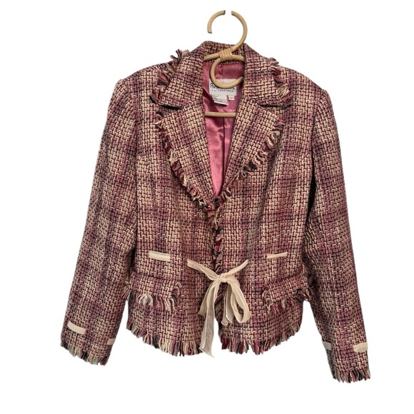 Pamela McCoy Tweed Skirt Suit Set Blazer Pencil Skirt Fringe Ribbon Trim Size M - Picture 15 of 15